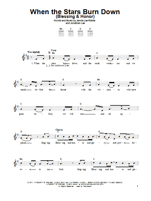 Jennie Lee Riddle When The Stars Burn Down (Blessing & Honor) sheet music notes and chords. Download Printable PDF.