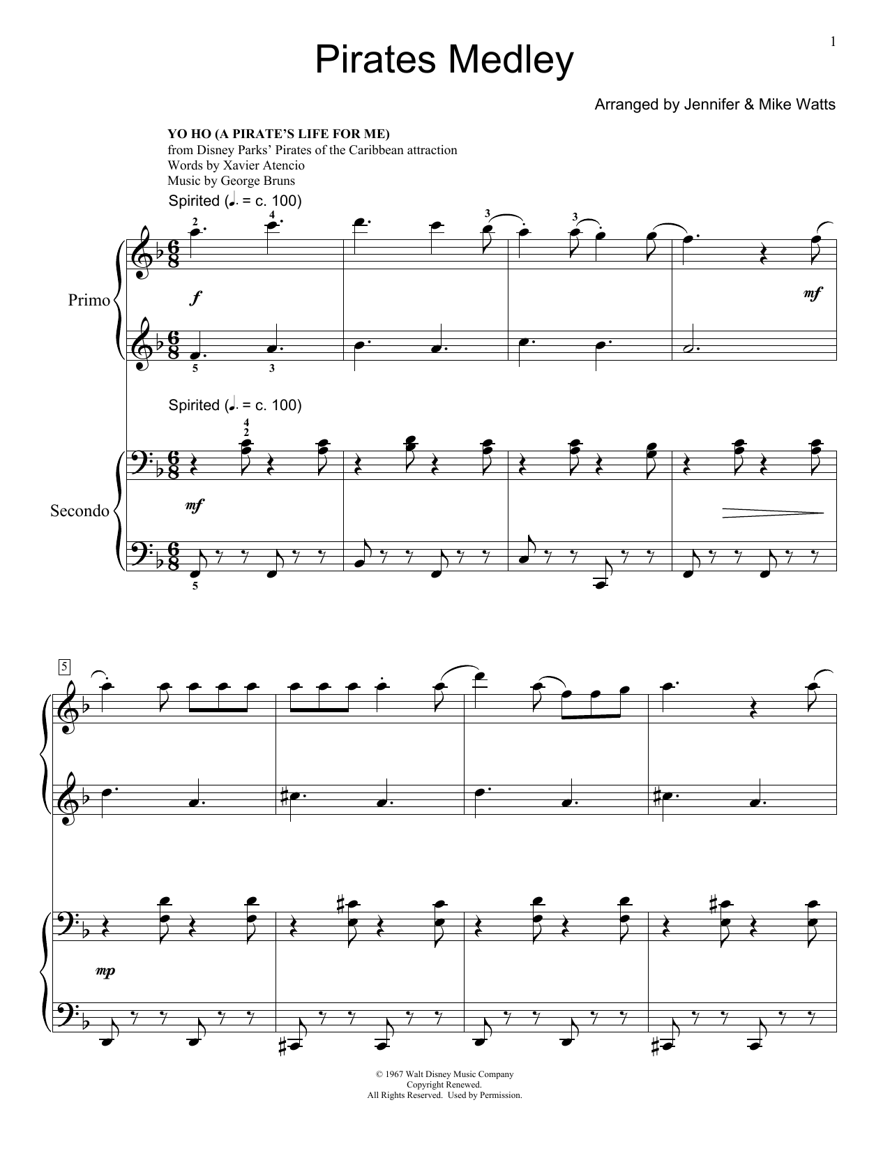 Learn to play Jennifer and Mike Watts Pirates Medley sheet music for Piano Duet in minutes. Price: 7.8900$ Jennifer and Mike Watts Pirates Medley sheet music notes and chords arranged for Piano Duet