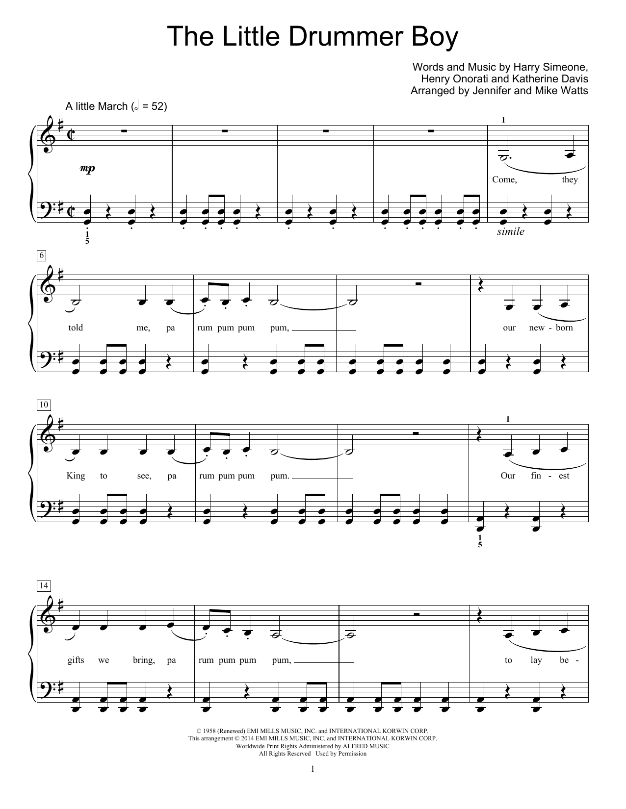 Jennifer and Mike Watts The Little Drummer Boy sheet music notes and chords. Download Printable PDF.