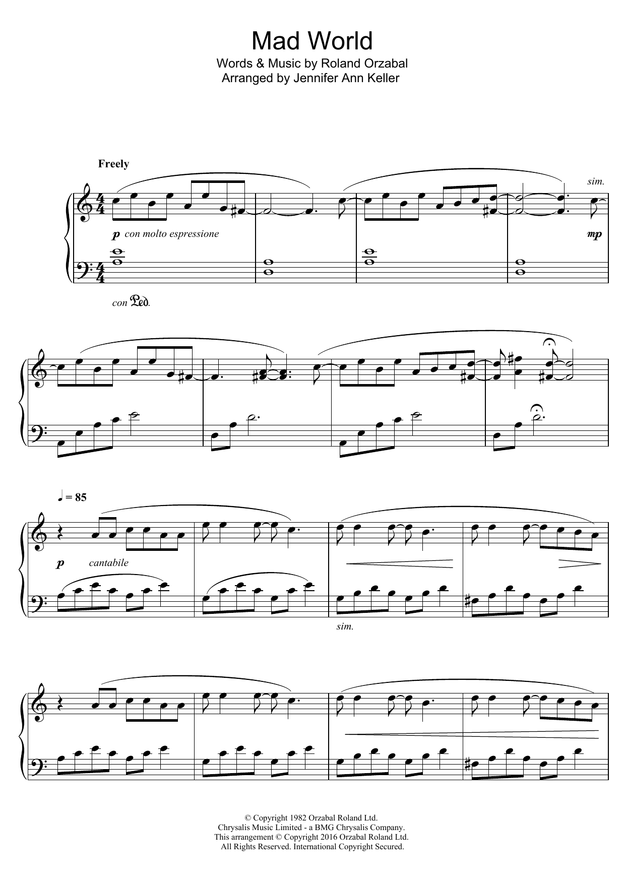 Jennifer Ann Mad World sheet music notes and chords. Download Printable PDF.