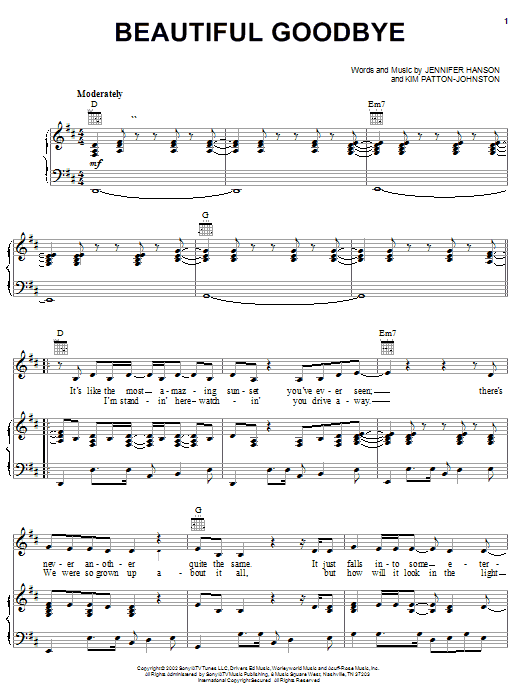 Learn to play Jennifer Hanson Beautiful Goodbye sheet music for Piano, Vocal & Guitar Chords (Right-Hand Melody) in minutes. Price: 7.8900$ Jennifer Hanson Beautiful Goodbye sheet music notes and chords arranged for Piano, Vocal & Guitar Chords (Right-Hand Melody)