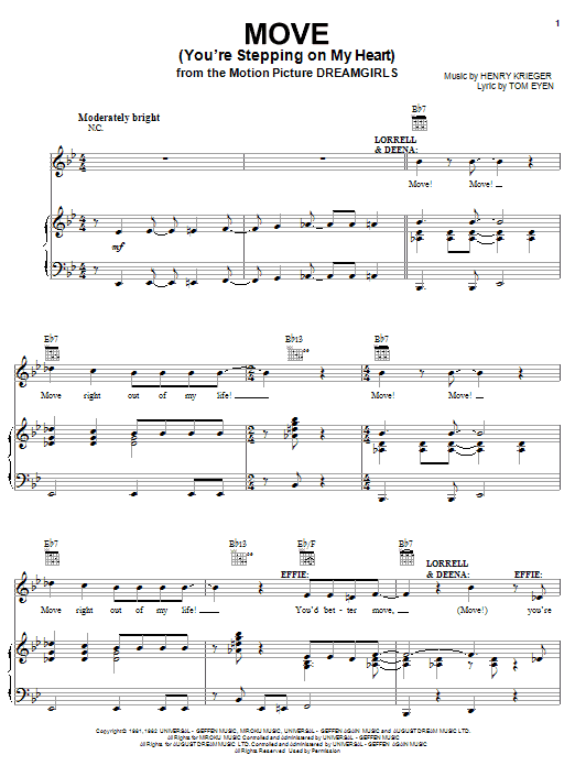 Learn to play Jennifer Hudson Move (You're Stepping On My Heart) sheet music for Piano, Vocal & Guitar Chords (Right-Hand Melody) in minutes. Price: 7.8900$ Jennifer Hudson Move (You're Stepping On My Heart) sheet music notes and chords arranged for Piano, Vocal & Guitar Chords (Right-Hand Melody)