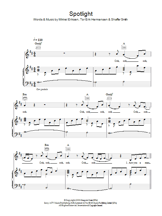 Learn to play Jennifer Hudson Spotlight sheet music for Piano, Vocal & Guitar Chords in minutes. Price: 7.8900$ Jennifer Hudson Spotlight sheet music notes and chords arranged for Piano, Vocal & Guitar Chords