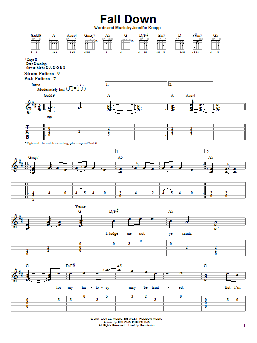 Jennifer Knapp Fall Down sheet music notes and chords. Download Printable PDF.