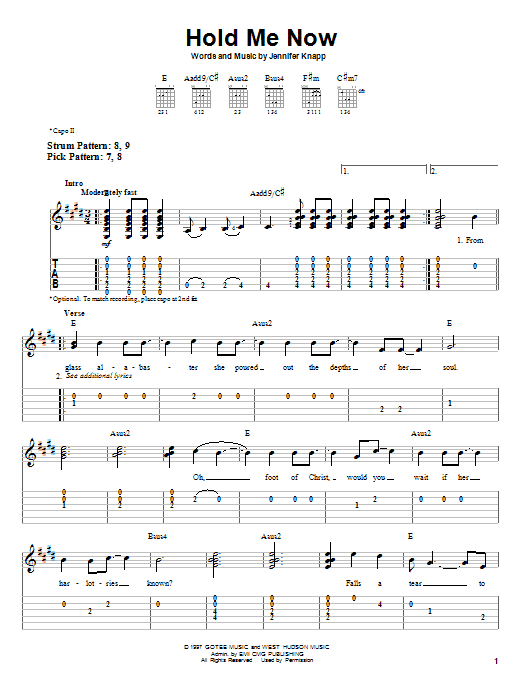 Jennifer Knapp Hold Me Now sheet music notes and chords. Download Printable PDF.