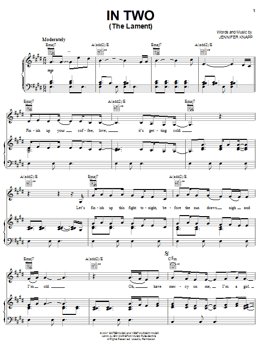 Learn to play Jennifer Knapp In Two (The Lament) sheet music for Piano, Vocal & Guitar Chords (Right-Hand Melody) in minutes. Price: 7.8900$ Jennifer Knapp In Two (The Lament) sheet music notes and chords arranged for Piano, Vocal & Guitar Chords (Right-Hand Melody)