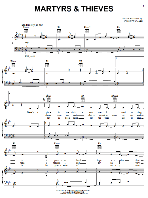 Learn to play Jennifer Knapp Martyrs & Thieves sheet music for Piano, Vocal & Guitar Chords (Right-Hand Melody) in minutes. Price: 7.8900$ Jennifer Knapp Martyrs & Thieves sheet music notes and chords arranged for Piano, Vocal & Guitar Chords (Right-Hand Melody)