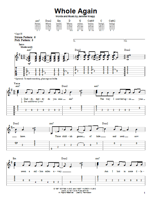 Jennifer Knapp Whole Again sheet music notes and chords. Download Printable PDF.