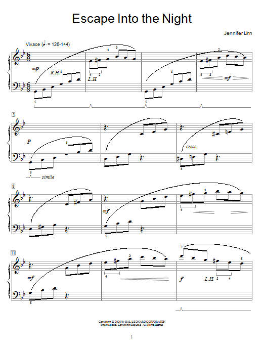 Learn to play Jennifer Linn Escape Into The Night sheet music for Educational Piano in minutes. Price: 6.9900$ Jennifer Linn Escape Into The Night sheet music notes and chords arranged for Educational Piano