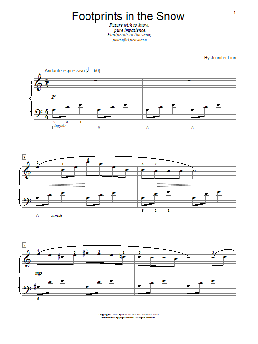 Jennifer Linn Footprints In The Snow sheet music notes and chords. Download Printable PDF.