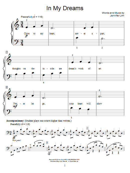 Learn to play Jennifer Linn In My Dreams sheet music for Educational Piano in minutes. Price: 6.9900$ Jennifer Linn In My Dreams sheet music notes and chords arranged for Educational Piano