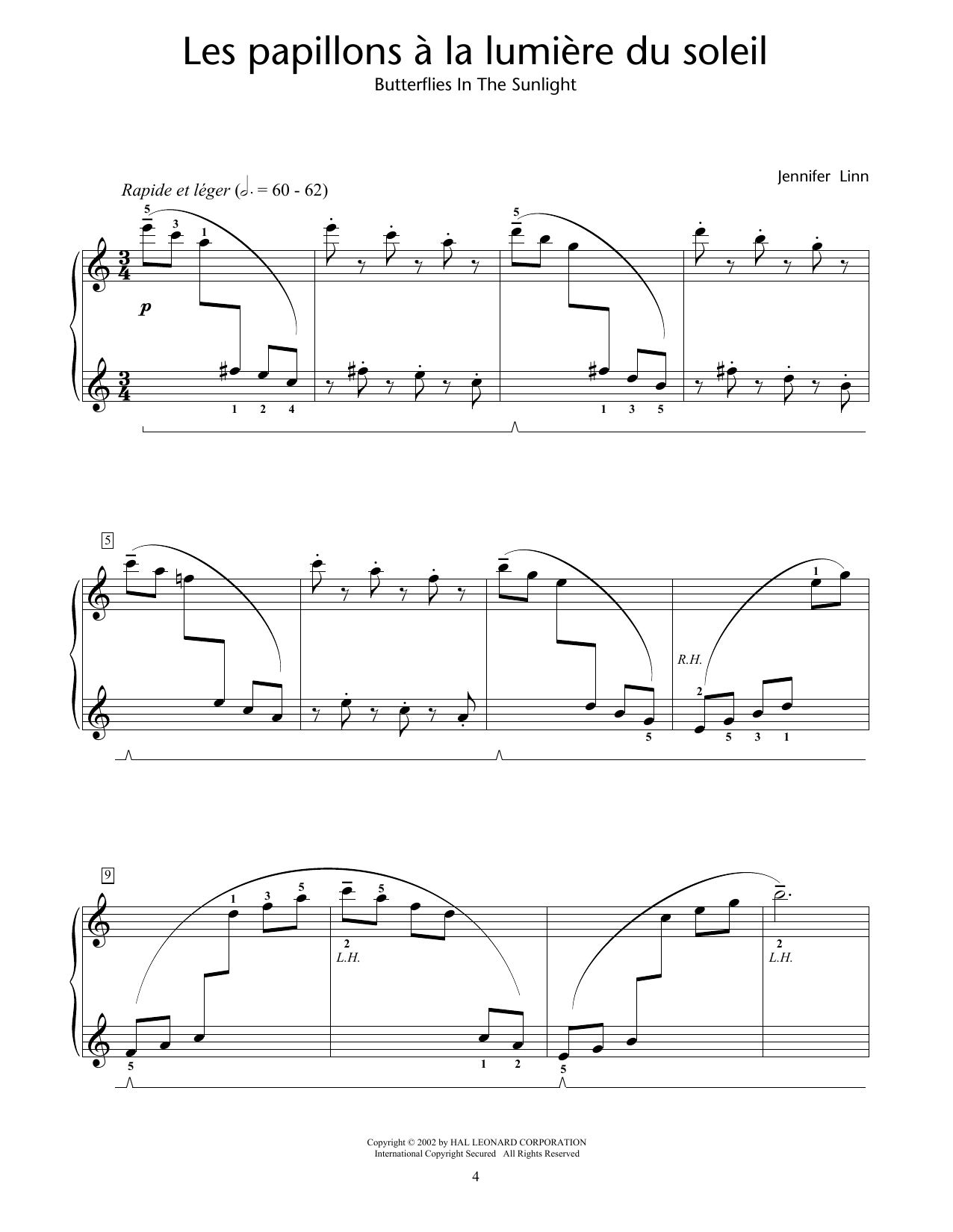 Jennifer Linn Les papillons a la lumiere du soleil (Butterflies In The Sunlight) sheet music notes and chords. Download Printable PDF.