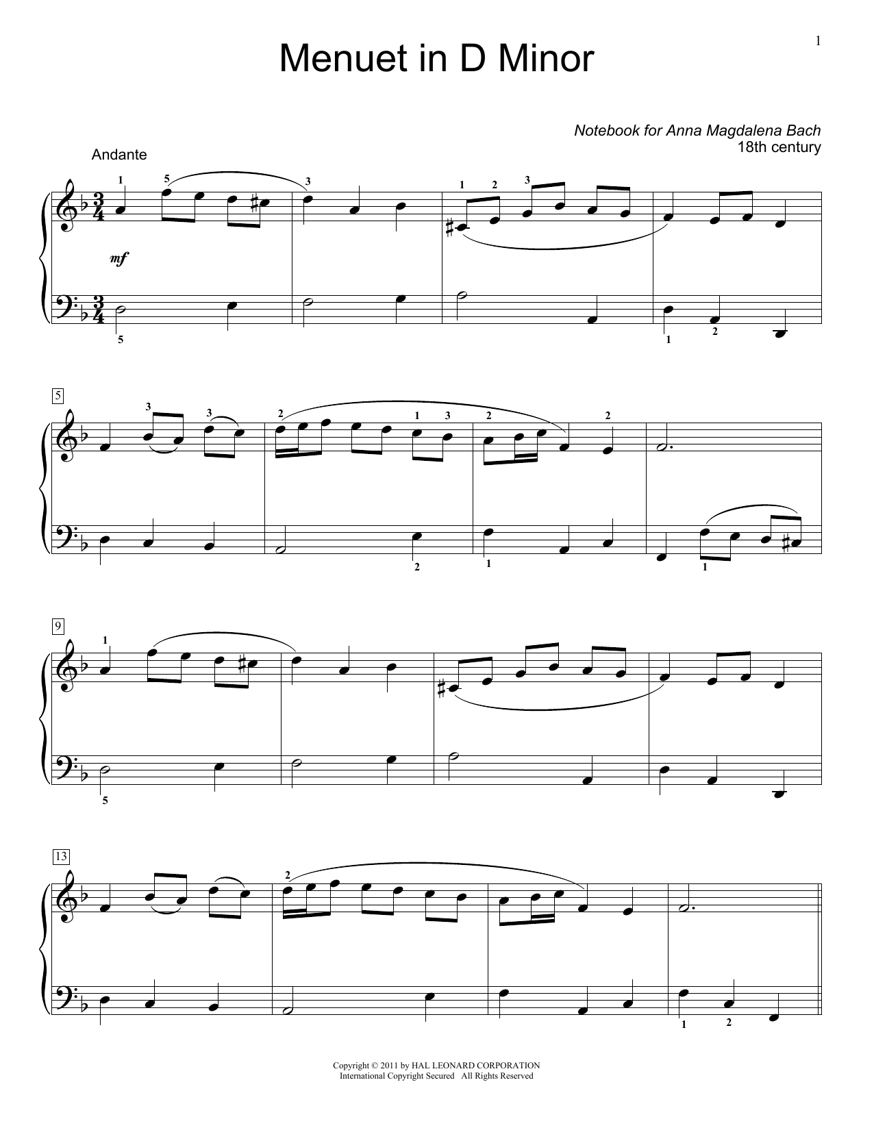 Jennifer Linn Menuet In D Minor, BWV App. 132 sheet music notes and chords. Download Printable PDF.