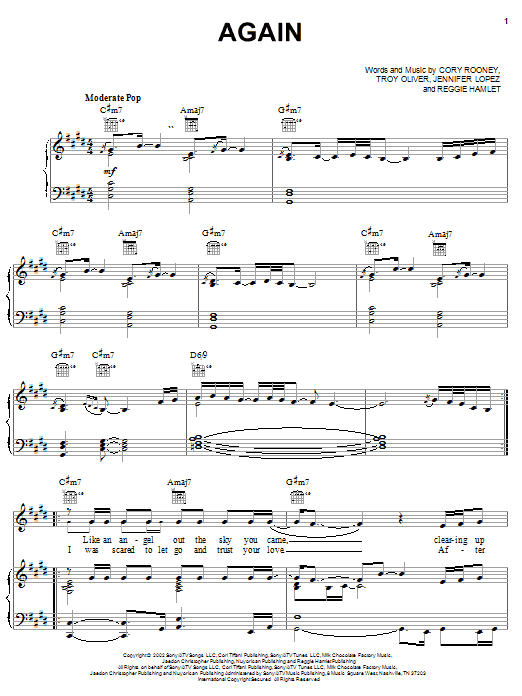 Learn to play Jennifer Lopez Again sheet music for Piano, Vocal & Guitar Chords (Right-Hand Melody) in minutes. Price: 7.8900$ Jennifer Lopez Again sheet music notes and chords arranged for Piano, Vocal & Guitar Chords (Right-Hand Melody)