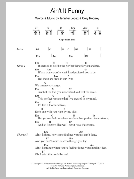 Learn to play Jennifer Lopez Ain't It Funny sheet music for Guitar Chords/Lyrics in minutes. Price: 4.4900$ Jennifer Lopez Ain't It Funny sheet music notes and chords arranged for Guitar Chords/Lyrics