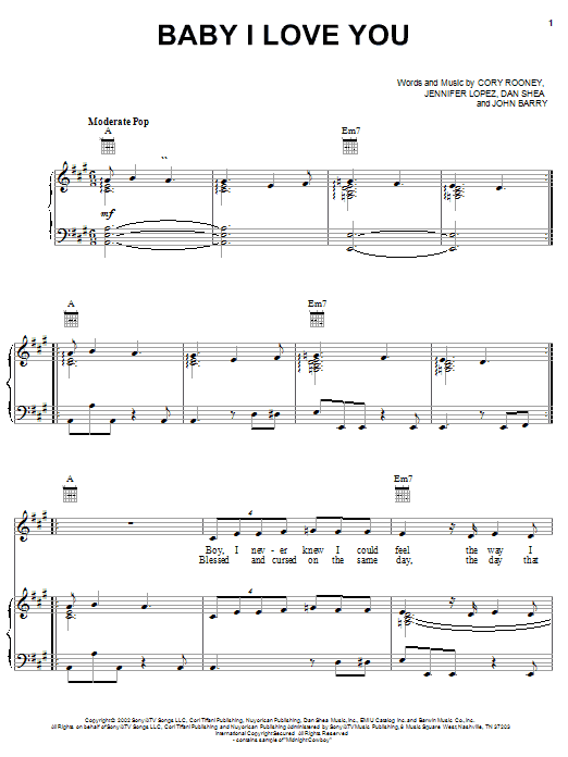 Learn to play Jennifer Lopez Baby I Love You sheet music for Piano, Vocal & Guitar Chords (Right-Hand Melody) in minutes. Price: 7.8900$ Jennifer Lopez Baby I Love You sheet music notes and chords arranged for Piano, Vocal & Guitar Chords (Right-Hand Melody)
