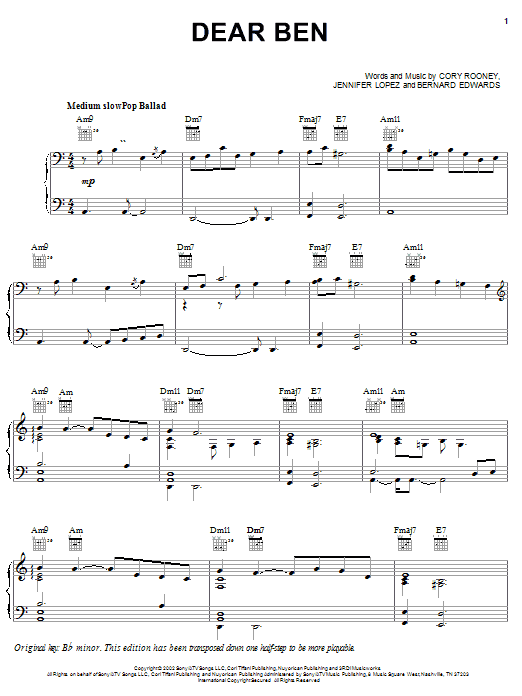 Learn to play Jennifer Lopez Dear Ben sheet music for Piano, Vocal & Guitar Chords (Right-Hand Melody) in minutes. Price: 7.8900$ Jennifer Lopez Dear Ben sheet music notes and chords arranged for Piano, Vocal & Guitar Chords (Right-Hand Melody)