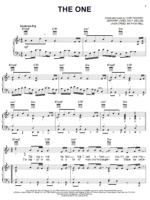 Learn to play Jennifer Lopez The One sheet music for Piano, Vocal & Guitar Chords (Right-Hand Melody) in minutes. Price: 7.8900$ Jennifer Lopez The One sheet music notes and chords arranged for Piano, Vocal & Guitar Chords (Right-Hand Melody)