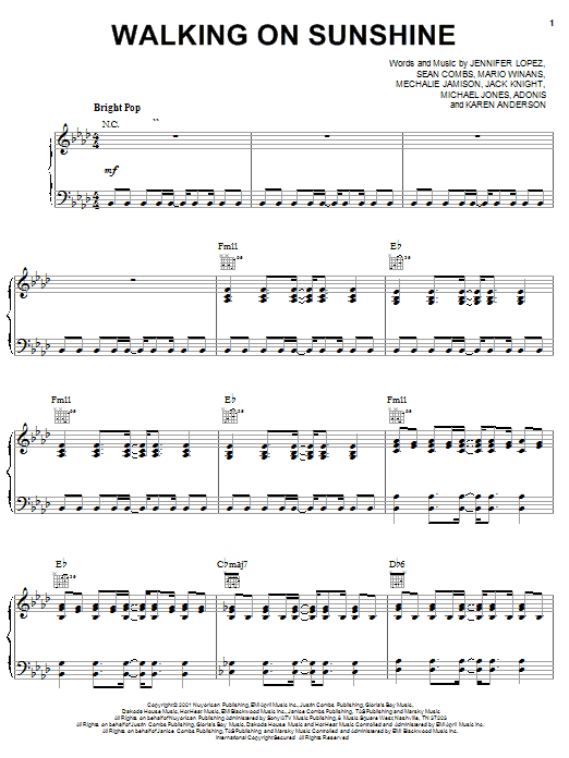 Learn to play Jennifer Lopez Walking On Sunshine sheet music for Piano, Vocal & Guitar Chords (Right-Hand Melody) in minutes. Price: 7.8900$ Jennifer Lopez Walking On Sunshine sheet music notes and chords arranged for Piano, Vocal & Guitar Chords (Right-Hand Melody)