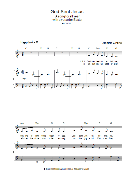 Learn to play Alison Hedger God Sent Jesus sheet music for Piano, Vocal & Guitar Chords in minutes. Price: 7.8900$ Alison Hedger God Sent Jesus sheet music notes and chords arranged for Piano, Vocal & Guitar Chords