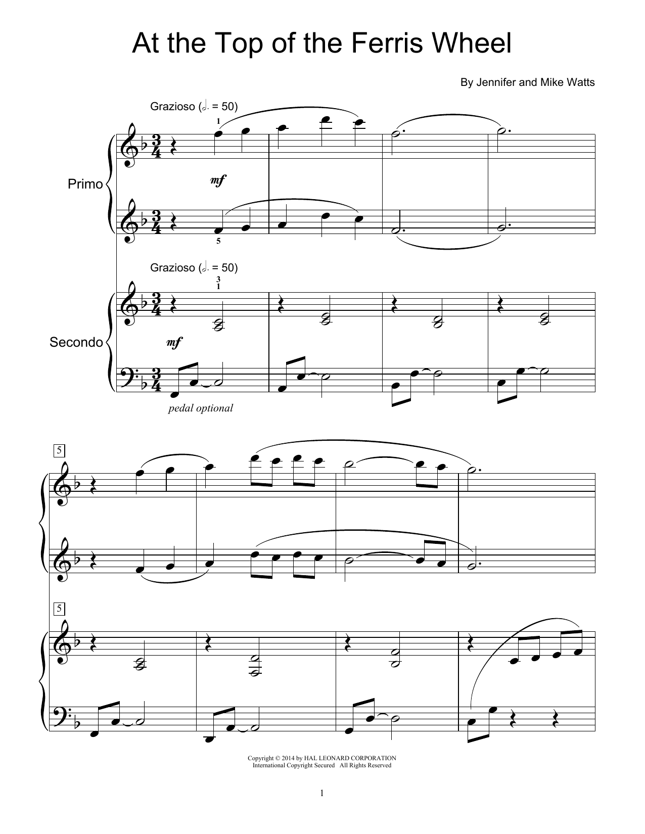 Learn to play Jennifer Watts At The Top Of The Ferris Wheel sheet music for Piano Duet in minutes. Price: 7.8900$ Jennifer Watts At The Top Of The Ferris Wheel sheet music notes and chords arranged for Piano Duet