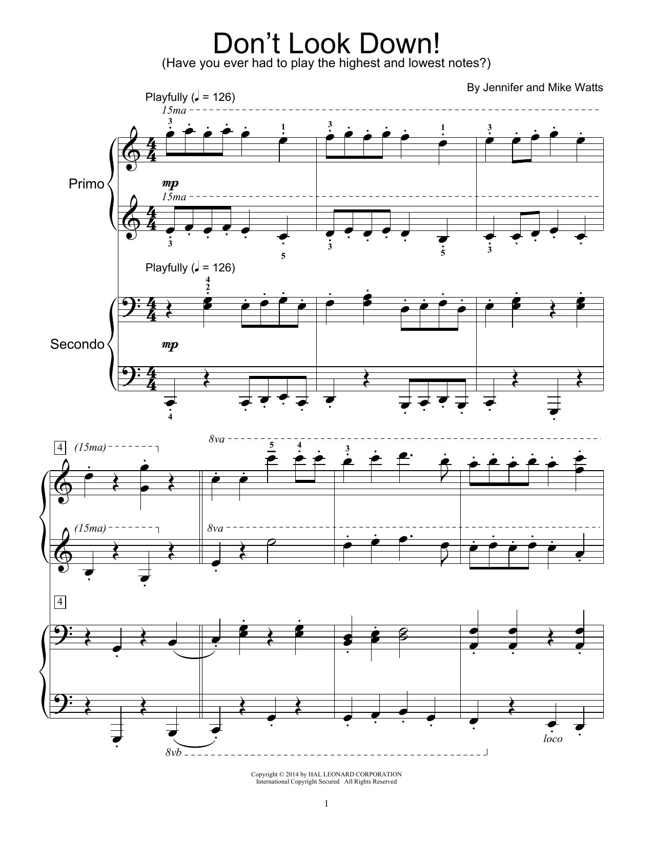 Learn to play Jennifer Watts Don't Look Down! sheet music for Piano Duet in minutes. Price: 7.8900$ Jennifer Watts Don't Look Down! sheet music notes and chords arranged for Piano Duet