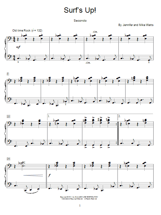 Learn to play Jennifer Watts Surf's Up! sheet music for Piano Duet in minutes. Price: 7.8900$ Jennifer Watts Surf's Up! sheet music notes and chords arranged for Piano Duet