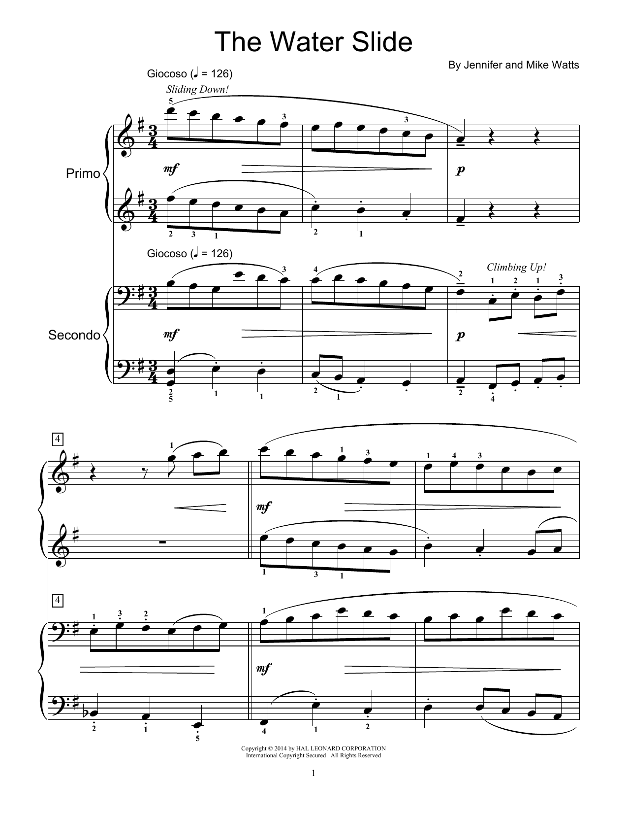 Learn to play Jennifer Watts The Water Slide sheet music for Piano Duet in minutes. Price: 7.8900$ Jennifer Watts The Water Slide sheet music notes and chords arranged for Piano Duet