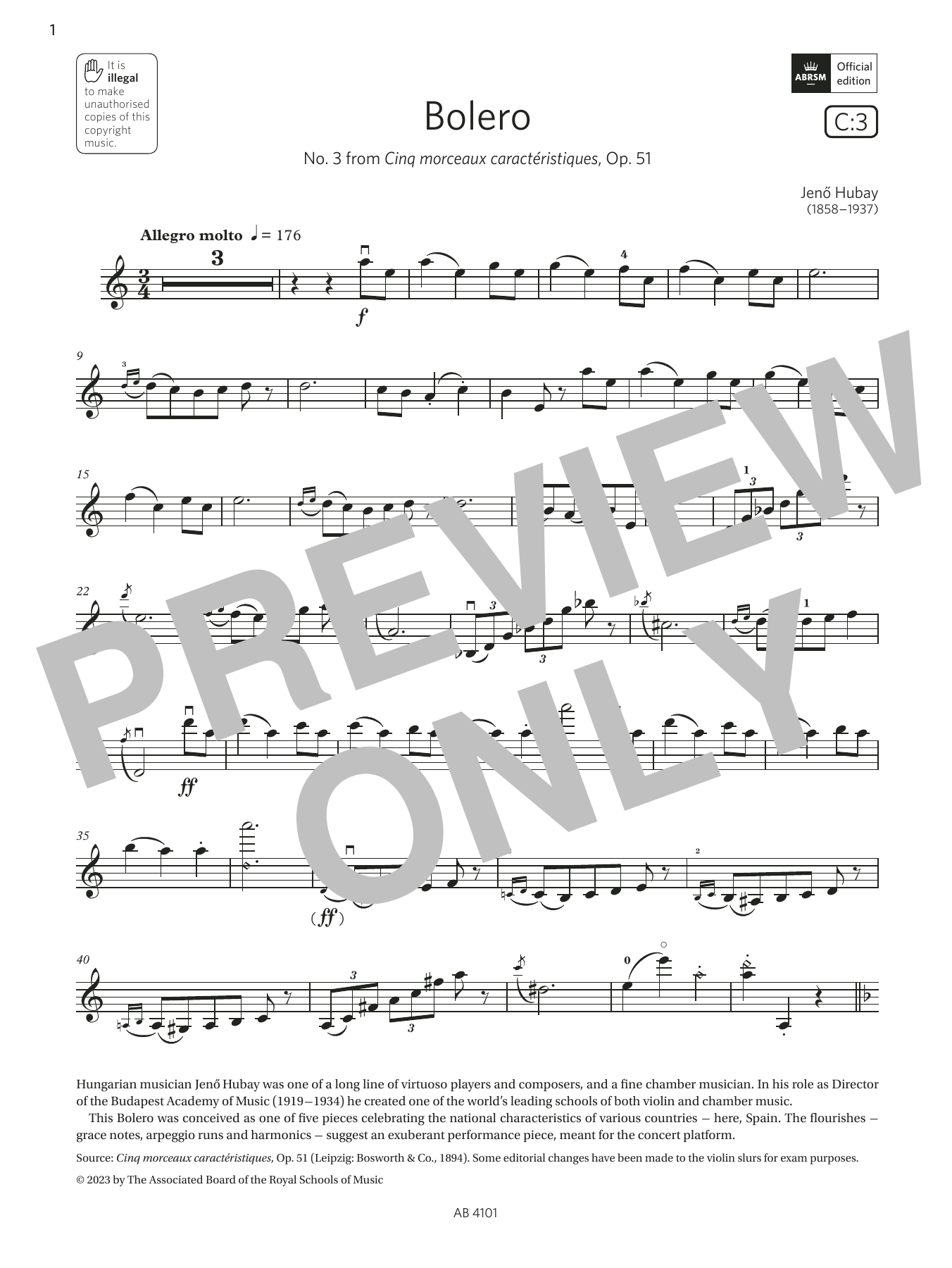 Learn to play Jenő Hubay Bolero (Grade 7, C3, from the ABRSM Violin Syllabus from 2024) sheet music for Violin Solo in minutes. Price: 6.9900$ Jenő Hubay Bolero (Grade 7, C3, from the ABRSM Violin Syllabus from 2024) sheet music notes and chords arranged for Violin Solo