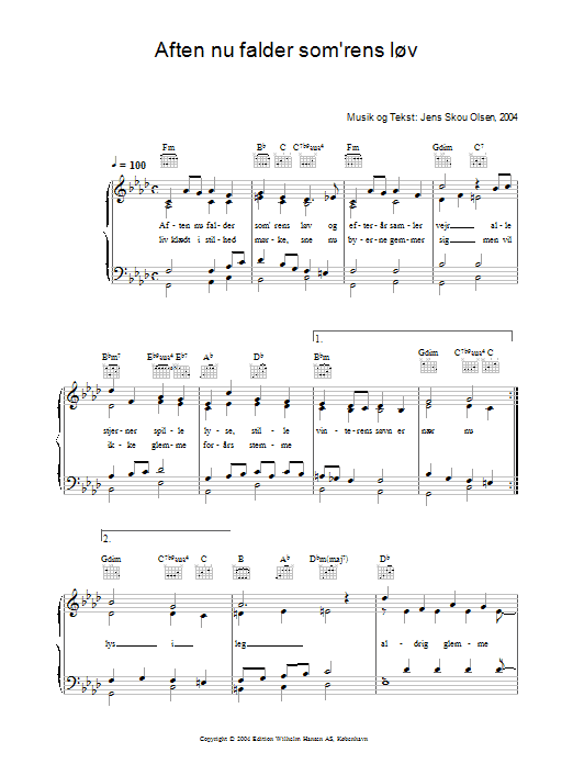 Jens Skou Olsen Aften Nu Falder Som'rens Løv sheet music notes and chords arranged for Piano, Vocal & Guitar Chords