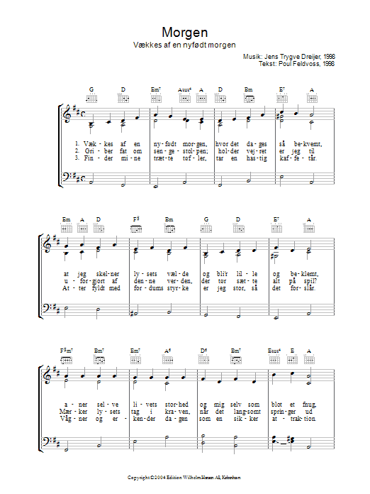 Learn to play Poul Feldvoss Morgen Vækkes Af En Nyfødt Morgen sheet music for Piano, Vocal & Guitar Chords in minutes. Price: 7.8900$ Poul Feldvoss Morgen Vækkes Af En Nyfødt Morgen sheet music notes and chords arranged for Piano, Vocal & Guitar Chords