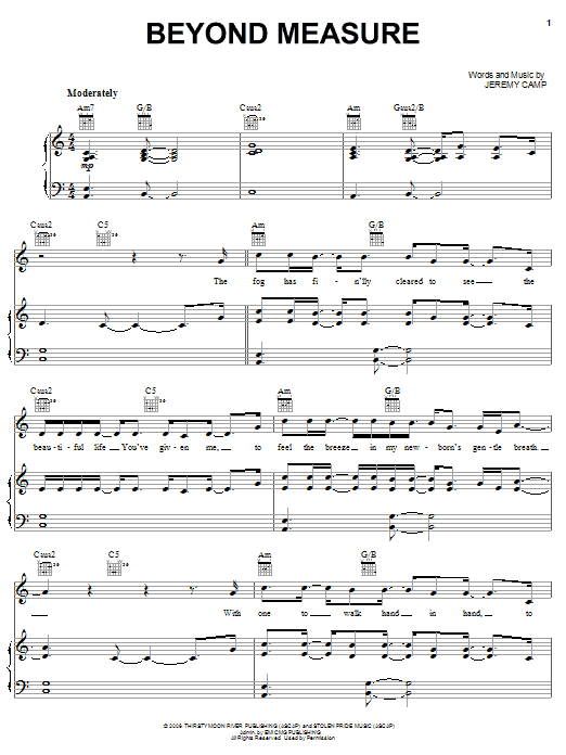 Learn to play Jeremy Camp Beyond Measure sheet music for Piano, Vocal & Guitar Chords (Right-Hand Melody) in minutes. Price: 7.8900$ Jeremy Camp Beyond Measure sheet music notes and chords arranged for Piano, Vocal & Guitar Chords (Right-Hand Melody)