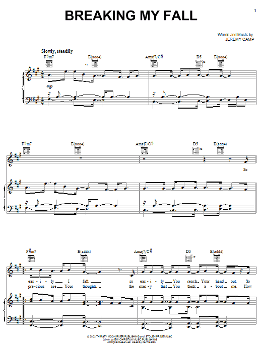 Learn to play Jeremy Camp Breaking My Fall sheet music for Piano, Vocal & Guitar Chords (Right-Hand Melody) in minutes. Price: 7.8900$ Jeremy Camp Breaking My Fall sheet music notes and chords arranged for Piano, Vocal & Guitar Chords (Right-Hand Melody)