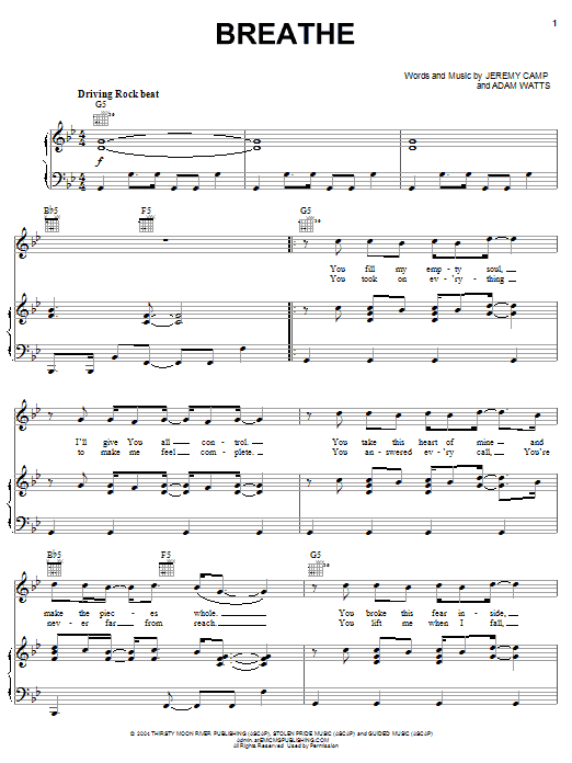 Learn to play Jeremy Camp Breathe sheet music for Piano, Vocal & Guitar Chords (Right-Hand Melody) in minutes. Price: 7.8900$ Jeremy Camp Breathe sheet music notes and chords arranged for Piano, Vocal & Guitar Chords (Right-Hand Melody)