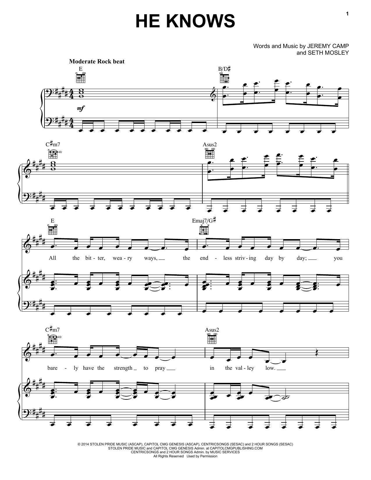 Learn to play Jeremy Camp He Knows sheet music for Piano, Vocal & Guitar Chords (Right-Hand Melody) in minutes. Price: 7.8900$ Jeremy Camp He Knows sheet music notes and chords arranged for Piano, Vocal & Guitar Chords (Right-Hand Melody)