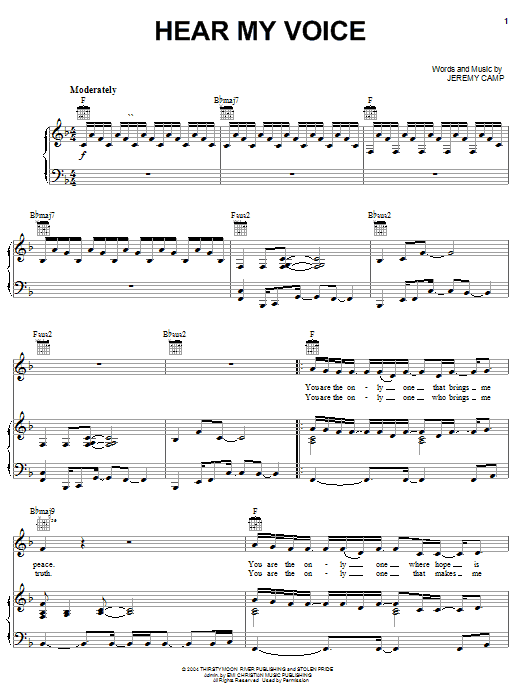 Learn to play Jeremy Camp Hear My Voice sheet music for Piano, Vocal & Guitar Chords (Right-Hand Melody) in minutes. Price: 7.8900$ Jeremy Camp Hear My Voice sheet music notes and chords arranged for Piano, Vocal & Guitar Chords (Right-Hand Melody)