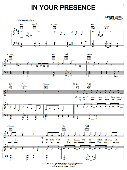 Learn to play Jeremy Camp In Your Presence sheet music for Piano, Vocal & Guitar Chords (Right-Hand Melody) in minutes. Price: 7.8900$ Jeremy Camp In Your Presence sheet music notes and chords arranged for Piano, Vocal & Guitar Chords (Right-Hand Melody)