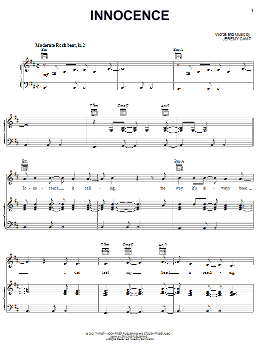Learn to play Jeremy Camp Innocence sheet music for Piano, Vocal & Guitar Chords (Right-Hand Melody) in minutes. Price: 7.8900$ Jeremy Camp Innocence sheet music notes and chords arranged for Piano, Vocal & Guitar Chords (Right-Hand Melody)