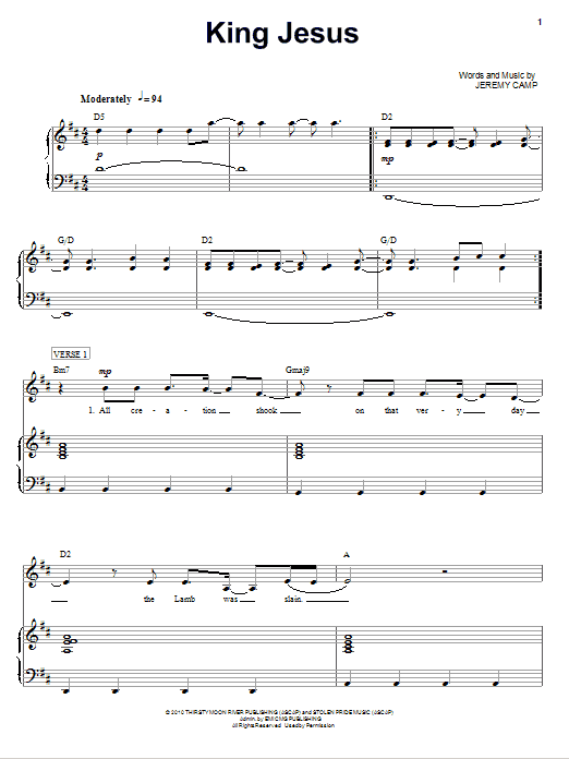 Learn to play Jeremy Camp King Jesus sheet music for Piano, Vocal & Guitar Chords (Right-Hand Melody) in minutes. Price: 7.8900$ Jeremy Camp King Jesus sheet music notes and chords arranged for Piano, Vocal & Guitar Chords (Right-Hand Melody)