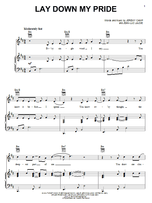 Learn to play Jeremy Camp Lay Down My Pride sheet music for Piano, Vocal & Guitar Chords (Right-Hand Melody) in minutes. Price: 7.8900$ Jeremy Camp Lay Down My Pride sheet music notes and chords arranged for Piano, Vocal & Guitar Chords (Right-Hand Melody)