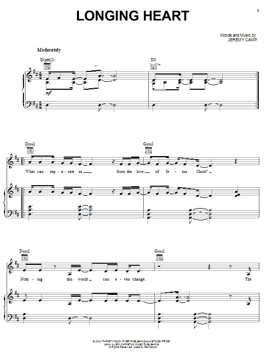 Learn to play Jeremy Camp Longing Heart sheet music for Piano, Vocal & Guitar Chords (Right-Hand Melody) in minutes. Price: 7.8900$ Jeremy Camp Longing Heart sheet music notes and chords arranged for Piano, Vocal & Guitar Chords (Right-Hand Melody)