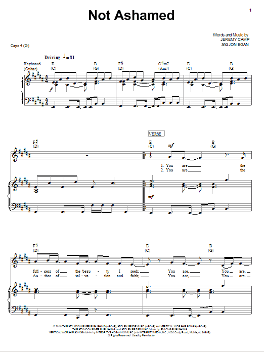 Learn to play Jeremy Camp Not Ashamed sheet music for Piano, Vocal & Guitar Chords (Right-Hand Melody) in minutes. Price: 7.8900$ Jeremy Camp Not Ashamed sheet music notes and chords arranged for Piano, Vocal & Guitar Chords (Right-Hand Melody)