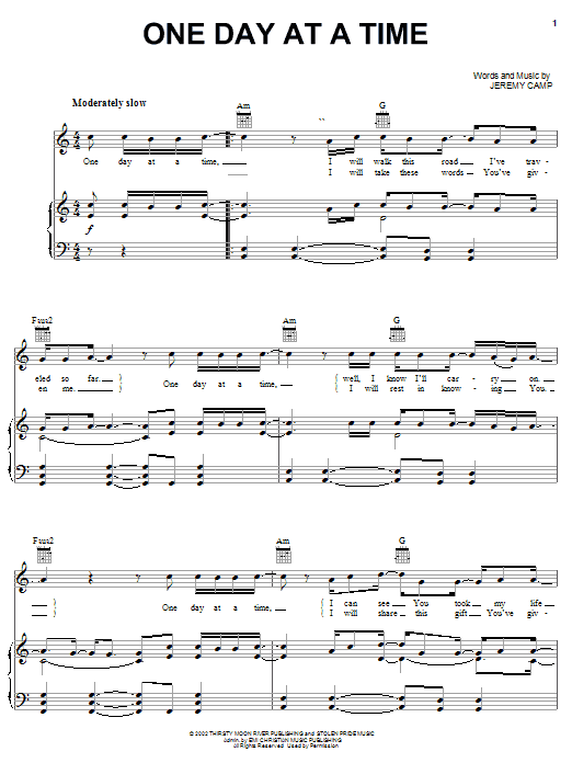 Learn to play Jeremy Camp One Day At A Time sheet music for Piano, Vocal & Guitar Chords (Right-Hand Melody) in minutes. Price: 7.8900$ Jeremy Camp One Day At A Time sheet music notes and chords arranged for Piano, Vocal & Guitar Chords (Right-Hand Melody)