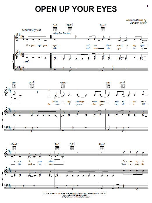 Learn to play Jeremy Camp Open Up Your Eyes sheet music for Piano, Vocal & Guitar Chords (Right-Hand Melody) in minutes. Price: 7.8900$ Jeremy Camp Open Up Your Eyes sheet music notes and chords arranged for Piano, Vocal & Guitar Chords (Right-Hand Melody)