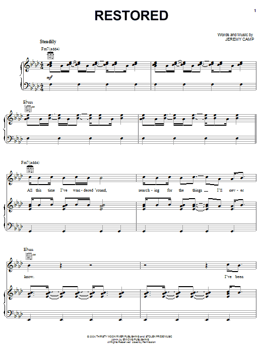 Learn to play Jeremy Camp Restored sheet music for Piano, Vocal & Guitar Chords (Right-Hand Melody) in minutes. Price: 7.8900$ Jeremy Camp Restored sheet music notes and chords arranged for Piano, Vocal & Guitar Chords (Right-Hand Melody)