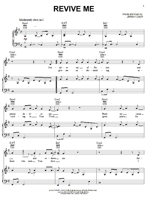 Learn to play Jeremy Camp Revive Me sheet music for Piano, Vocal & Guitar Chords (Right-Hand Melody) in minutes. Price: 7.8900$ Jeremy Camp Revive Me sheet music notes and chords arranged for Piano, Vocal & Guitar Chords (Right-Hand Melody)