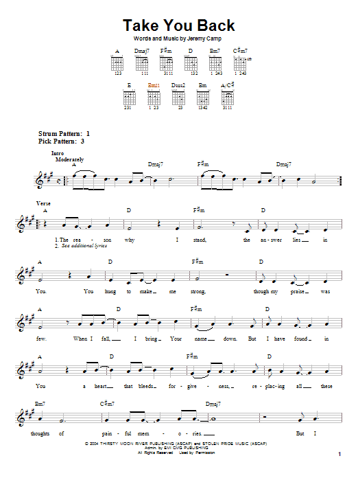 Jeremy Camp Take You Back sheet music notes and chords. Download Printable PDF.