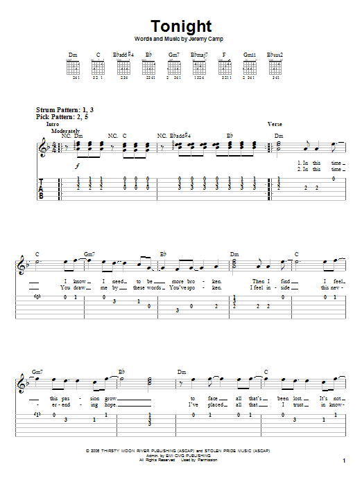 Jeremy Camp Tonight sheet music notes and chords. Download Printable PDF.