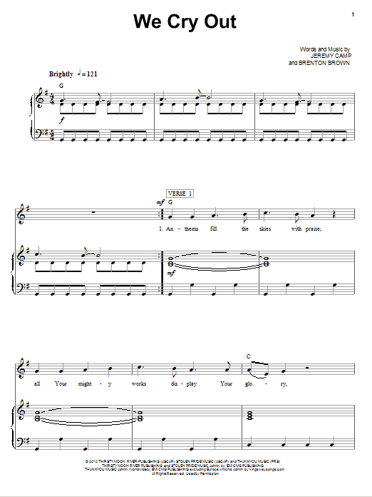 Learn to play Jeremy Camp We Cry Out sheet music for Piano, Vocal & Guitar Chords (Right-Hand Melody) in minutes. Price: 7.8900$ Jeremy Camp We Cry Out sheet music notes and chords arranged for Piano, Vocal & Guitar Chords (Right-Hand Melody)