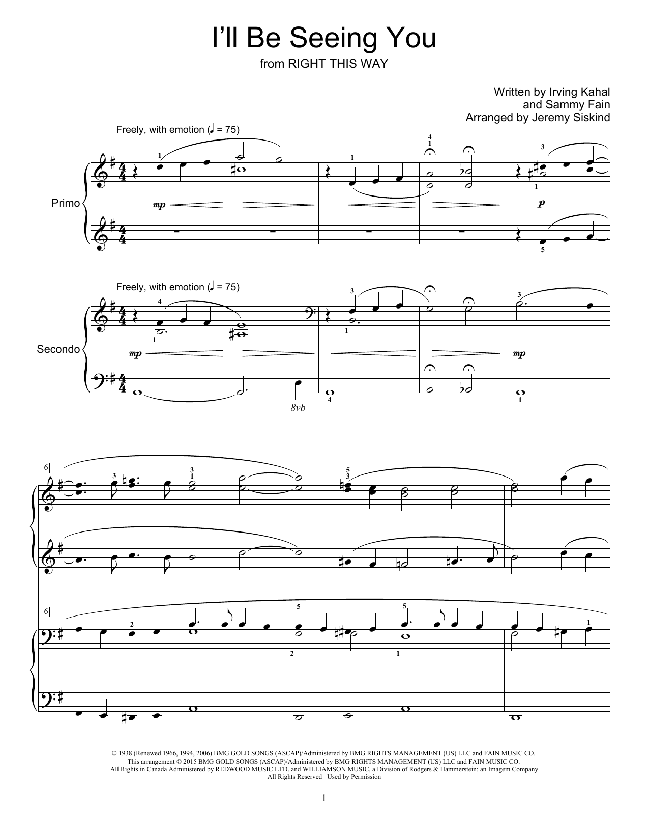 Jeremy Siskind I'll Be Seeing You sheet music notes and chords. Download Printable PDF.